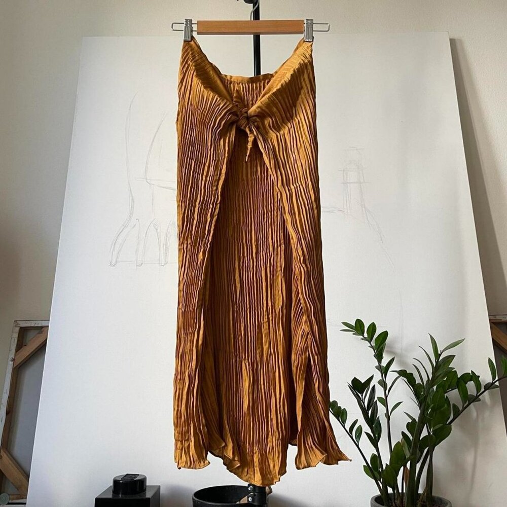 Vince mustard gold crinkles pleated flare midi skirt